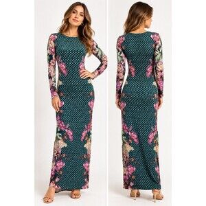 Anna Cate Dark Floral Scallop Print Long Sleeve Fitted Maxi Dress Green Pink